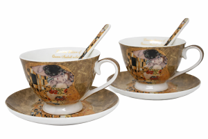 Набор из 2 чашек для эспрессо «Поцелуй» работы Густава Климта, с блюдцами и ложками.